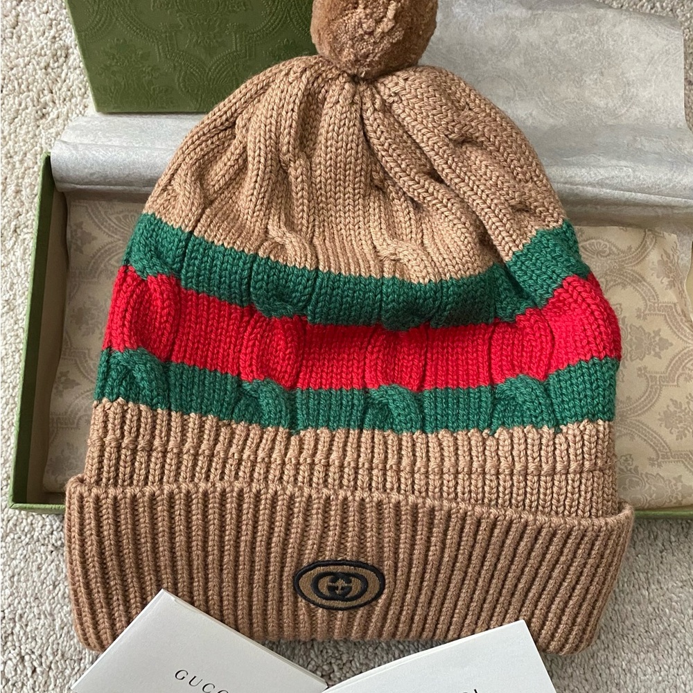 Camel Color Gucci Cable Knit Beanie with Red and Green Accents